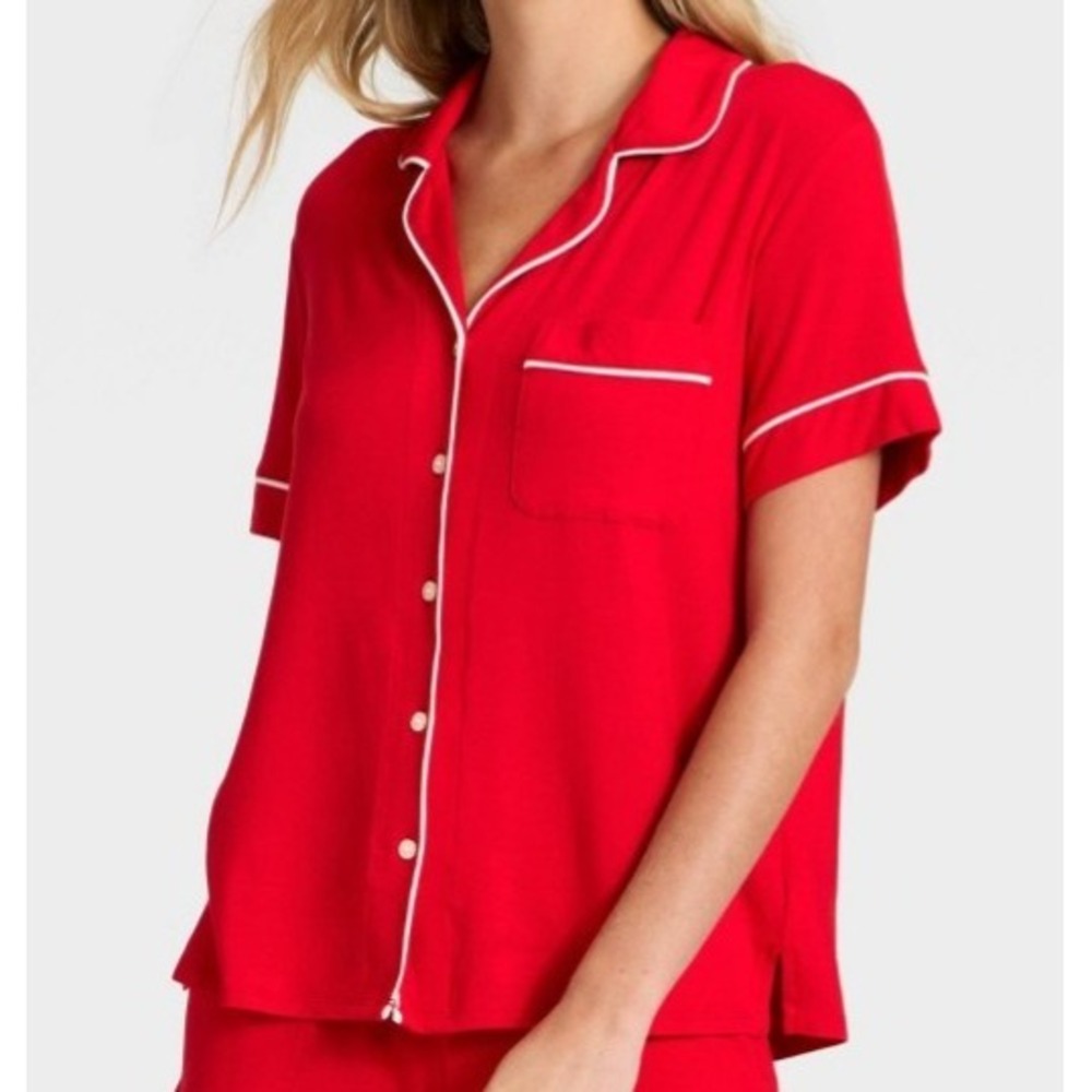 Auden Women red Cloud Knit Stretch Lightweight Button Pajama Shirt sz S